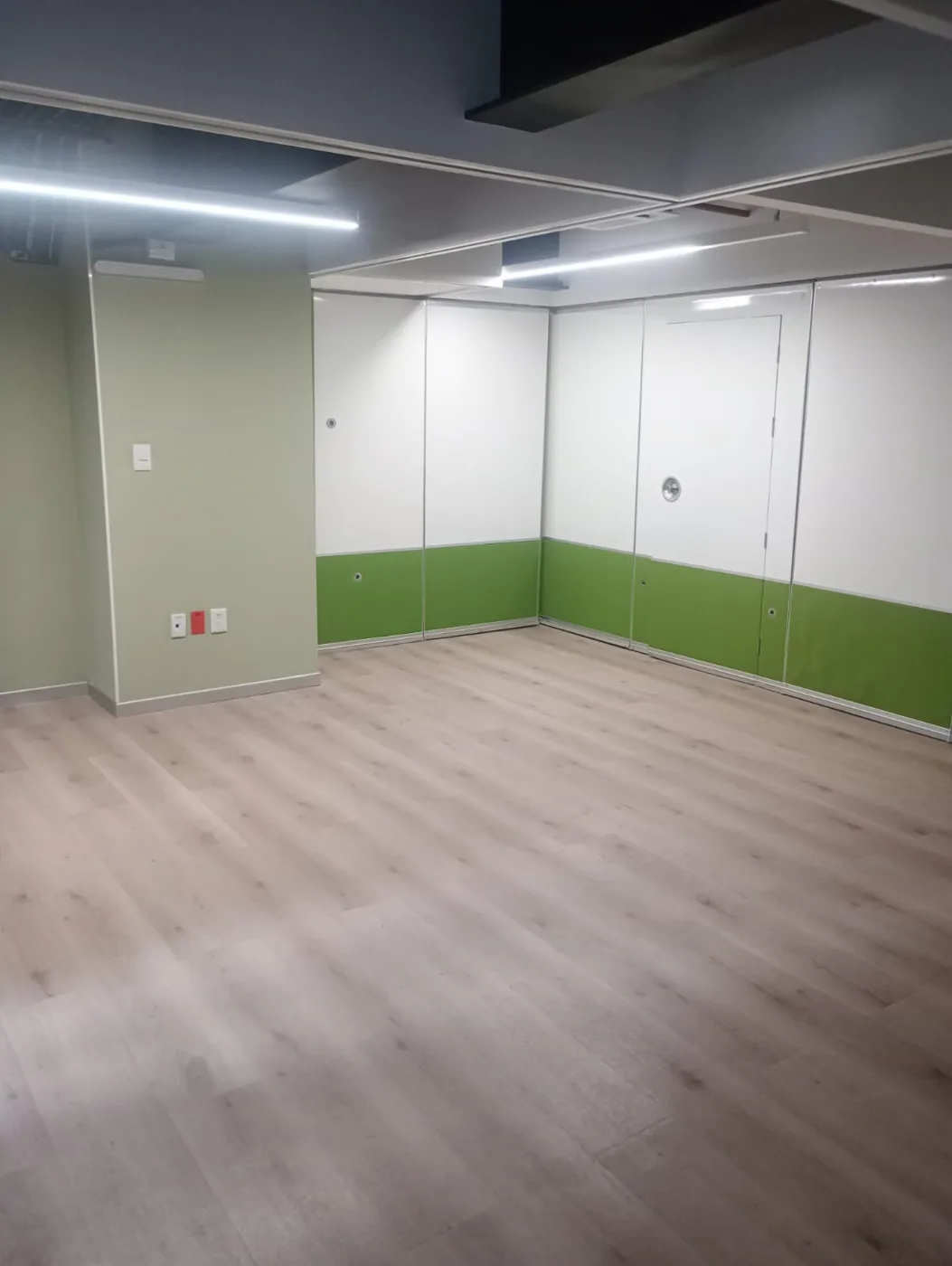 Espacio interior terminado con muros blancos y verdes